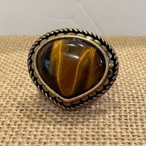 Fossil Ring - Tigers Eye chunk in antiqued gold/ bronze.  Size 8